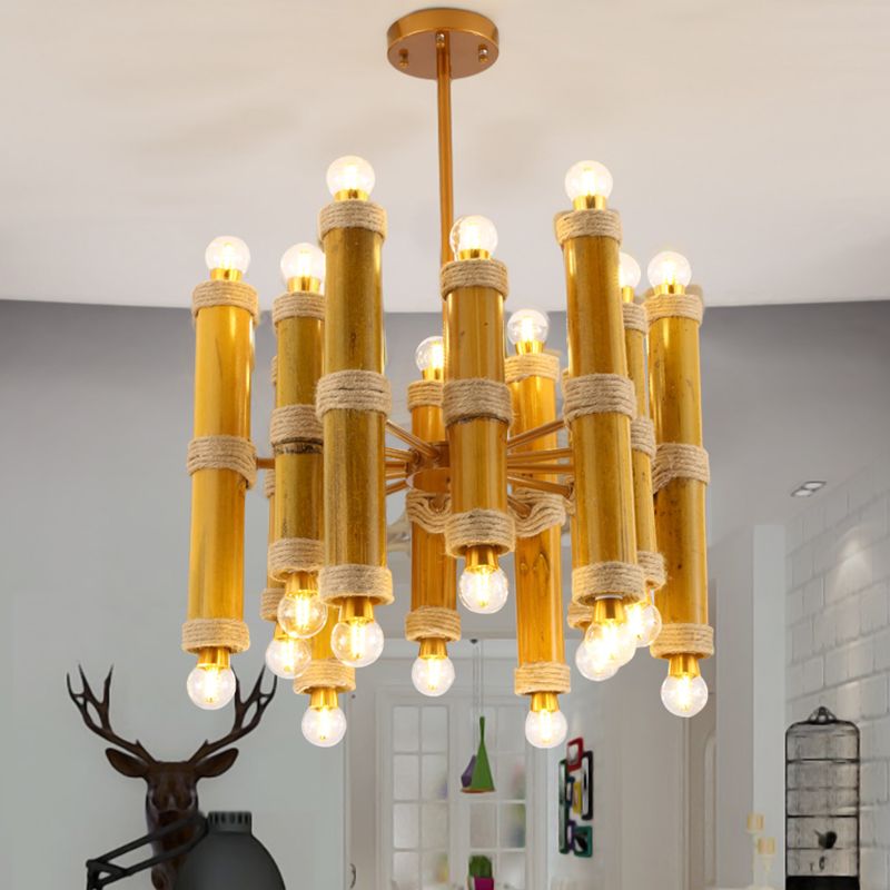 Bamboo Tube Rope Ceiling Chandelier Antique 24 Lights Living Room Pendant Lamp in Yellow