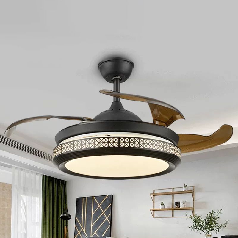 4-Blade Hollow-out Circle Semi Flush Contemporary Acrylic 20" Wide LED Black Pendant Fan Light Fixture