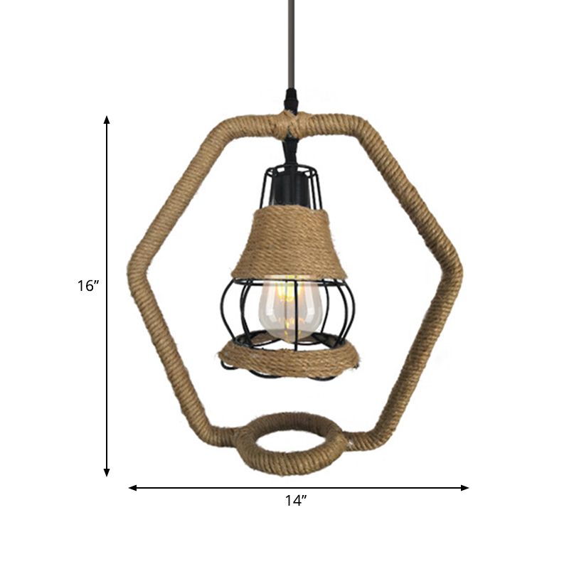 Schwarz Drahtkäfig Hängende Beleuchtung Country Style 1 Kopfmetall und Seildecklampe mit Sechseckform