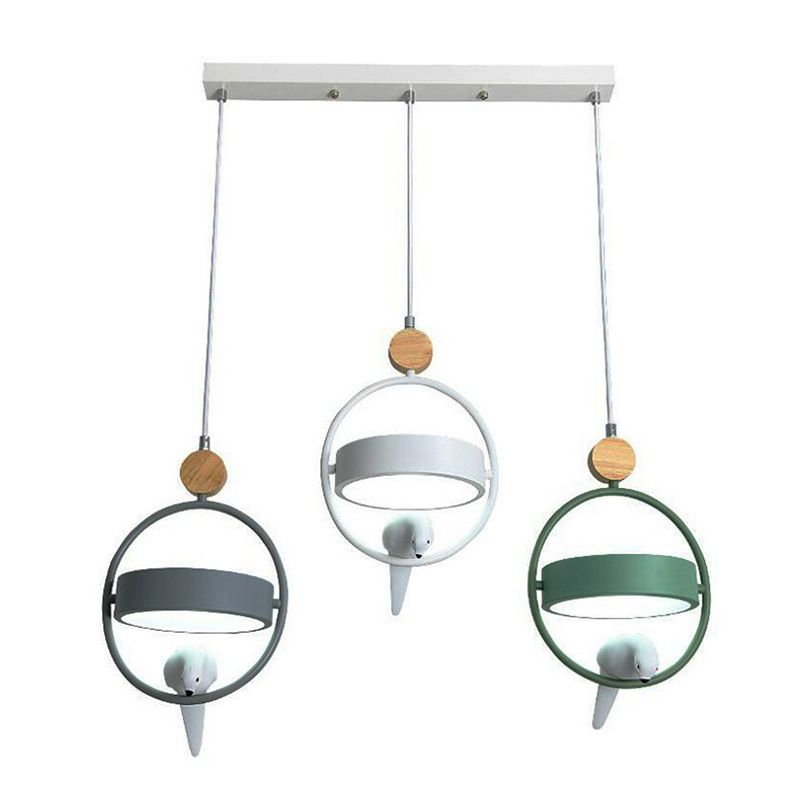 Ring Dining Room Multi Ceiling Lamp Metal 3 Bulbs Simplicity Suspension Light with Bird Decor in Gray-Green