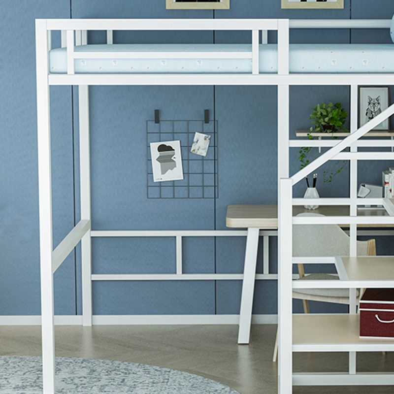 Contemporary Iron Frame Loft Bed with 3 Shelves and Staircase