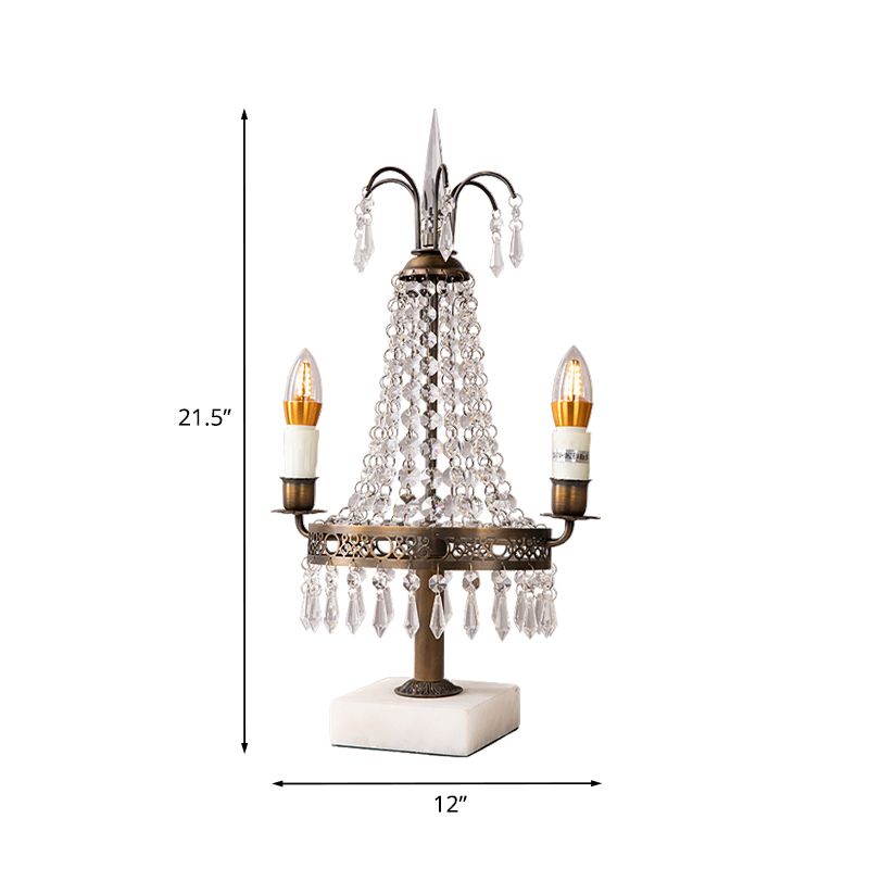 Bronze 2 Heads Nightstand Light Vintage Style Crystal Swag Candelabra Table Lamp for Restaurant