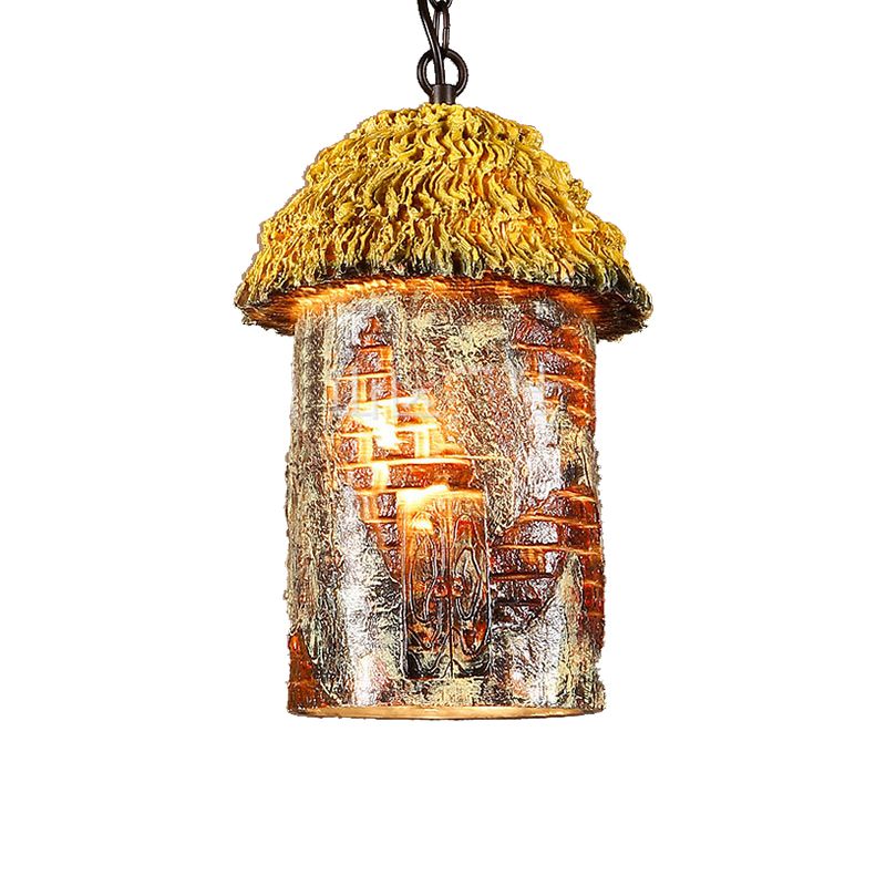 1 Light Hanging Ceiling Light with House Shade Resin Vintage Dining Room Pendant Lighting in Brown/Pink