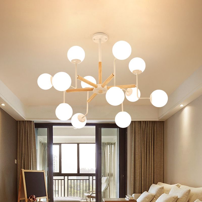 Simple Chandelier Lighting Fixture Wood Spherical Pendant Lamp with Opaline Glass Shade