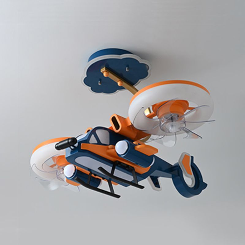 Kids LED Ceiling Fan Lamp Airplane Metal Fan Lighting in Blue and Orange for Bedroom