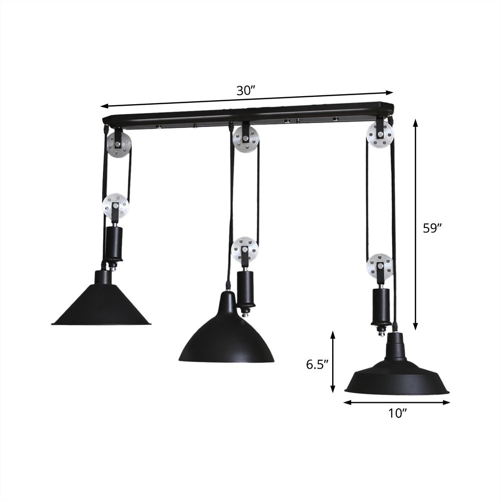 3 Lights Pendant Lighting with Different Shade and Pulley Design Metal Industrial Indoor Hanging Light Fixture in Black