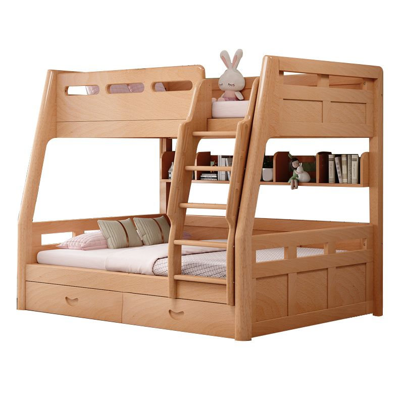 Natural Solid Wood Kids Bed Natural Bunk Bed with Guardrail and Mattress