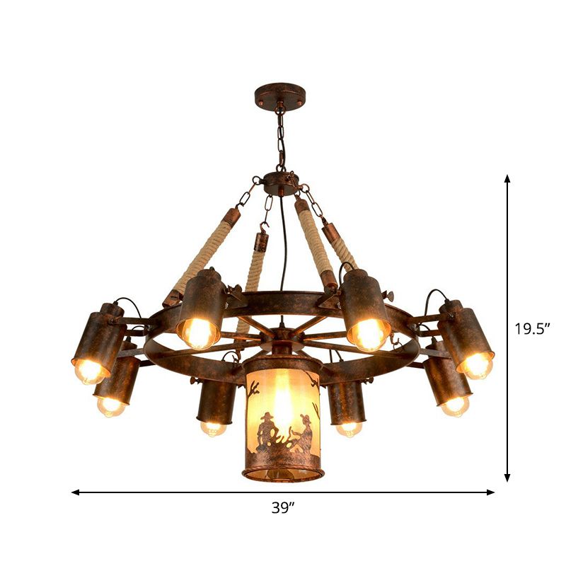 8 Lights Iron Adjustable Chandelier Pendant Industrial Black/Rust Wheel Restaurant Ceiling Spotlight with Rope Accent