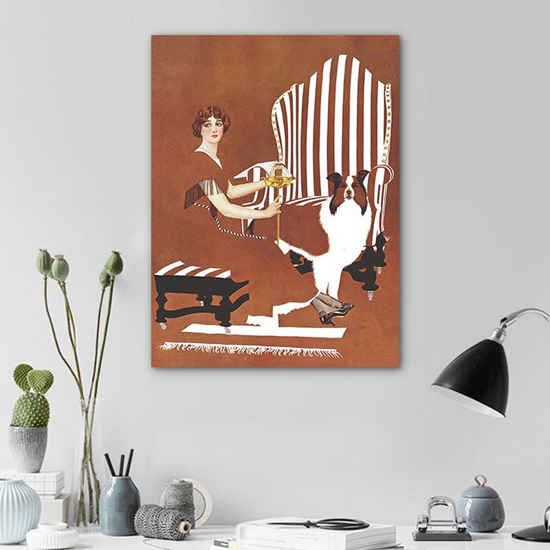 Brown Traditional Art Print Illustration Housewife and Her Dog Drawing Canvas for Home