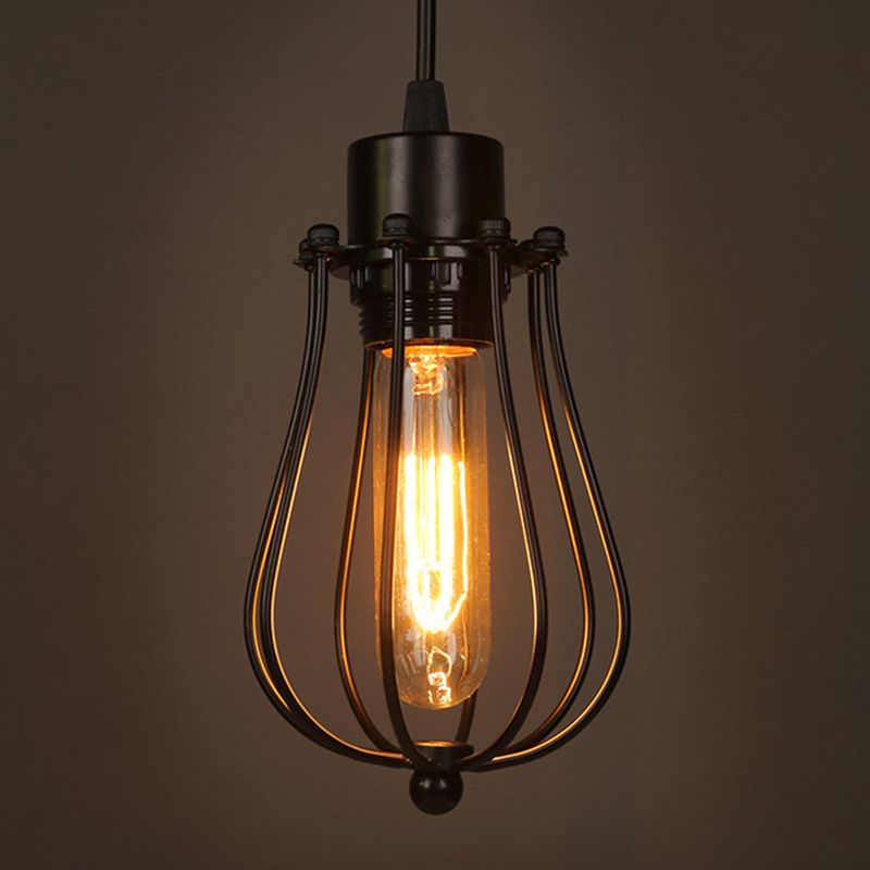 Metal Pendant Light Fixture Industrial Style Black Cage Restaurant Hanging Ceiling Light