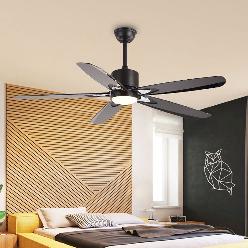 55.5" W LED Semi Flush Mount Contemporary Circle Metallic Hanging Ceiling Fan Lighting in Black for Bedroom, 5 Blades