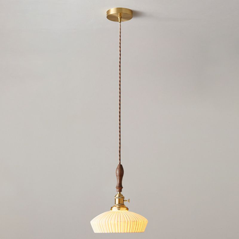 Ceramic Shaded Hanging Light Fixture Vintage 1 Head Dining Room Suspension Light in Brass