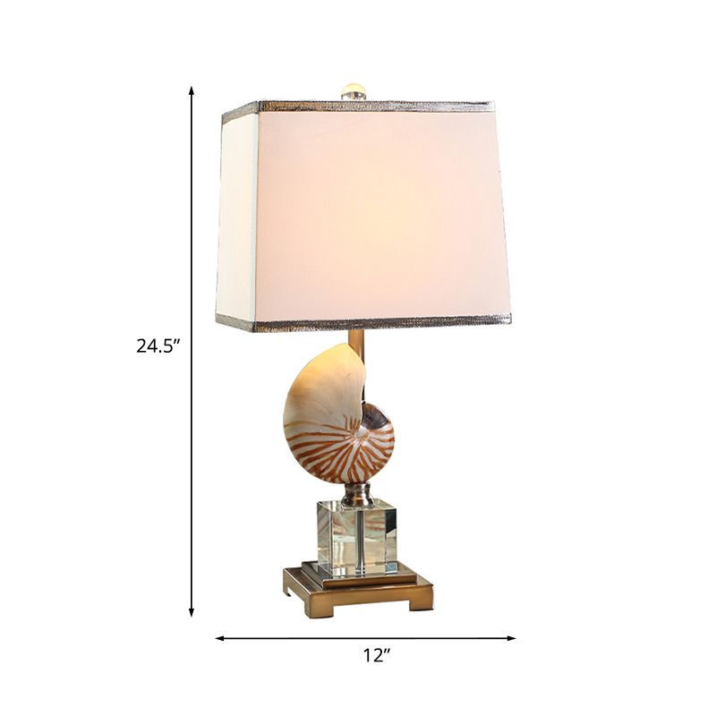 White 1 Head Night Table Light Rural Fabric Cuboid Nightstand Lamp with Decorative Nautilus Shell