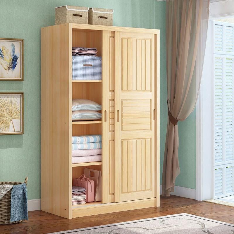 Pine Solid Wood Kids Closet Light Wood Wardrobe Closet with Sliding Door