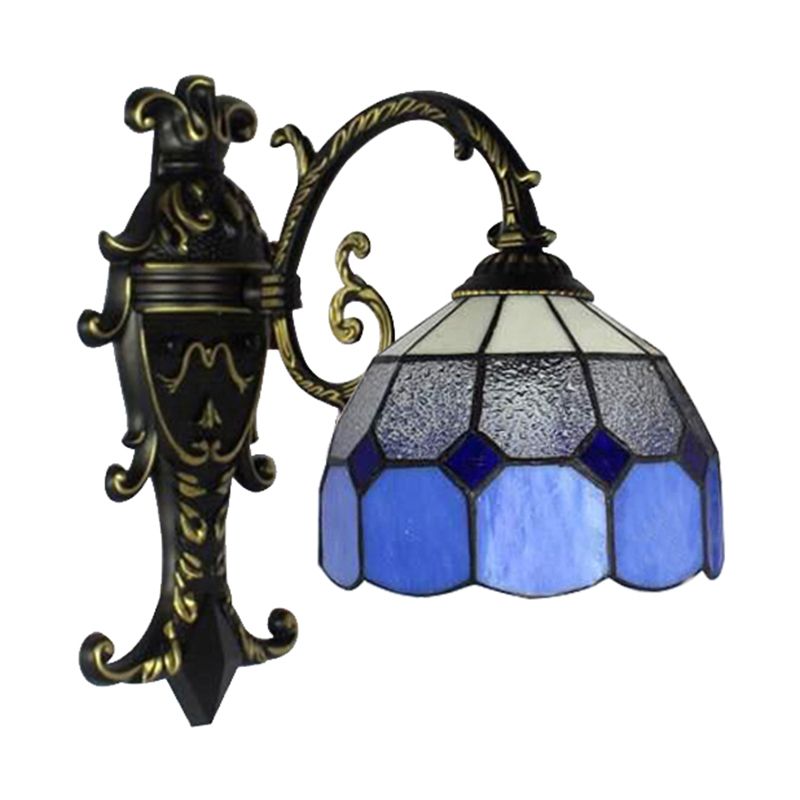 1 Light Grid Dome Wall Sconce Tiffany Vintage Glass Wall Light in Blue for Dining Room