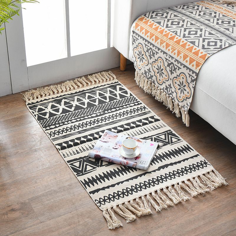 Multicolor Ethnic Print Rug Cotton Bohemian Carpet Washable Indoor Rug for Living Room