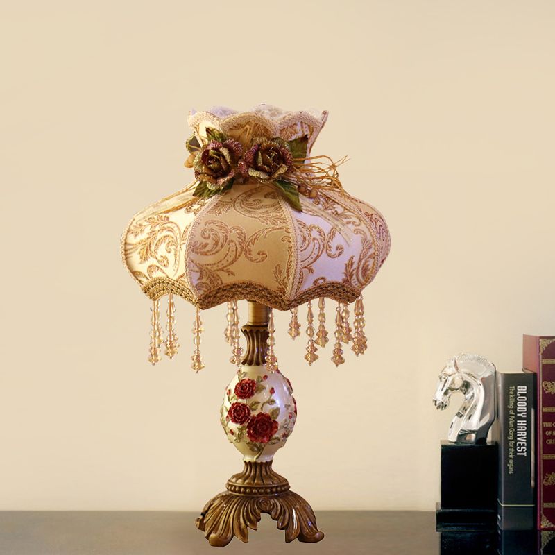 Coffee Vase Nightstand Light Luxury 1 Head Resin Table Lamp with Fabric Shade and Crystal Drop