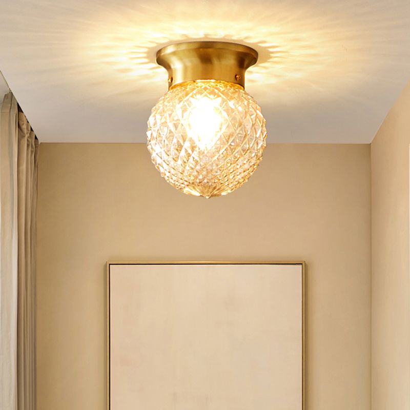 Brass Ball Flush Mount Light Country Clear Lattice Glass Single Corridor Semi Flush Ceiling Light