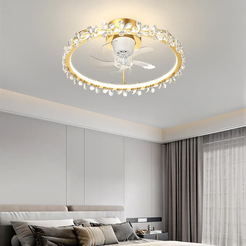 LED Linear Ceiling Fan Light in White & Gold Finish Modern Fan Fixture with Flower Accent