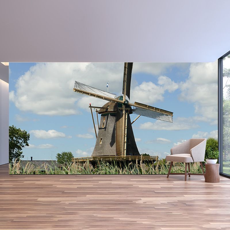 Living Room Wall Mural Wallpaper Small Town Windmill Mildew Resistant Wall Decor