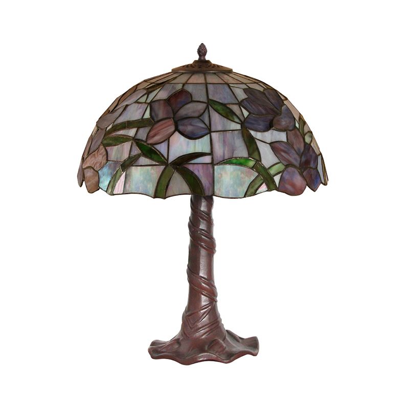 Tiffany Domed Nightstand Light 1-Head Cut Glass Table Lamp with Pull Chains in Coffee