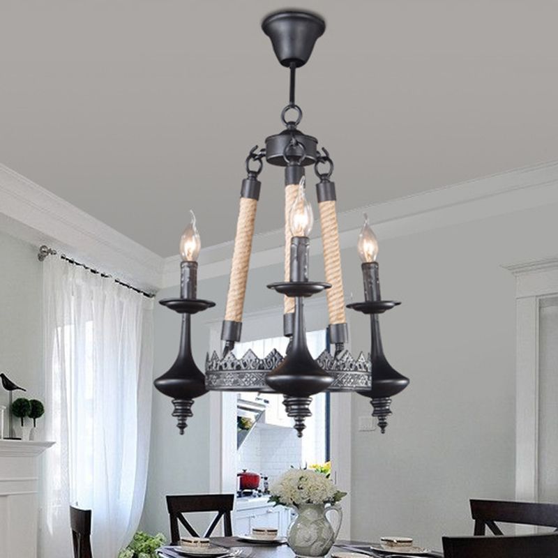 Metal and Rope Pendant Chandelier Rustic 3/6/8 Light Black Candle Dining Room Hanging Ceiling Fixture