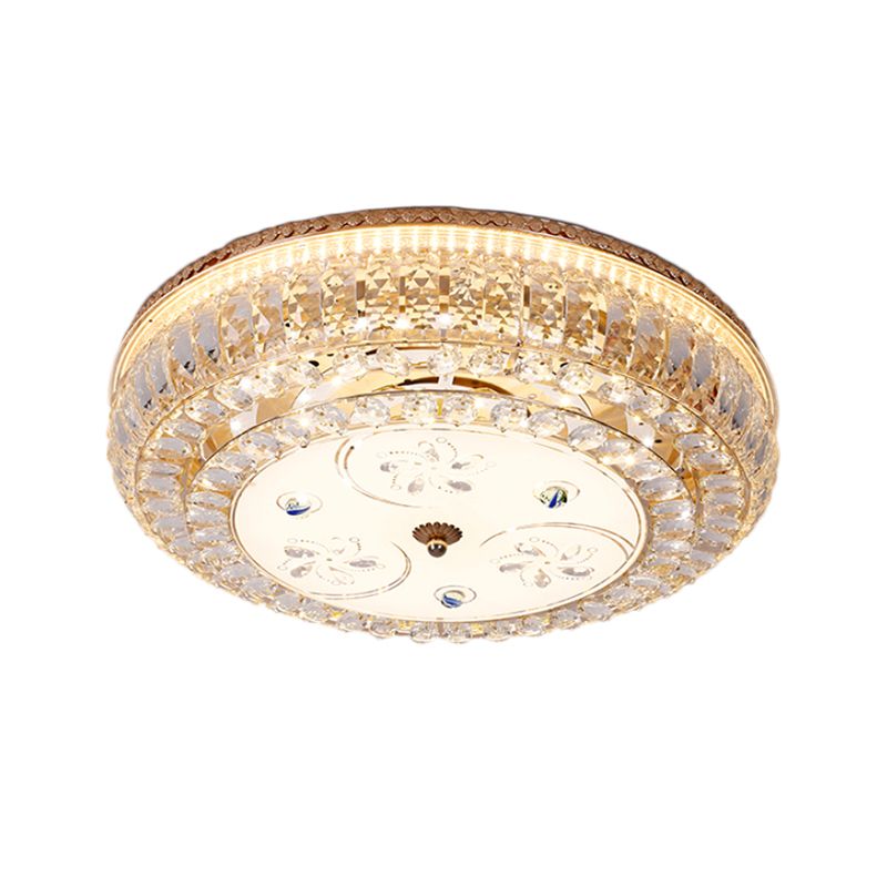 LED Drum Flush Light Modernism Clear Crystal Ceiling Light Fixture with Glass Diffuser and Flower/Butterfly Pattern in Gold