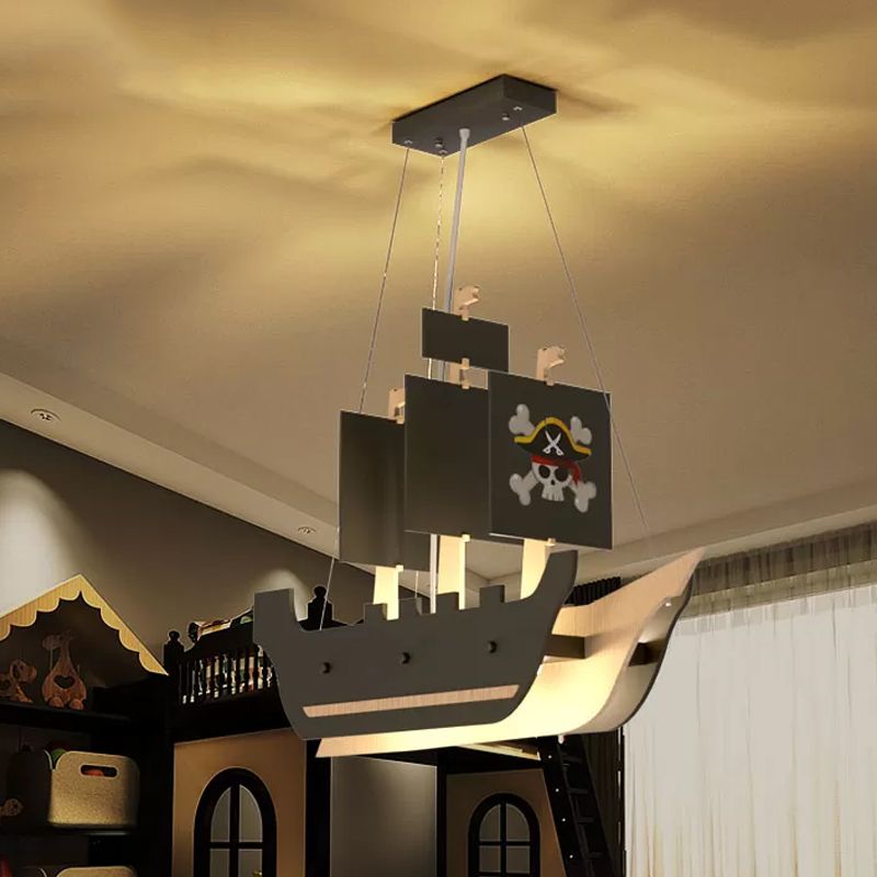 Metallic Pirate Ship Chandelier Light Cartoon LED Grey Hanging Pendant Lamp in Warm/White Light