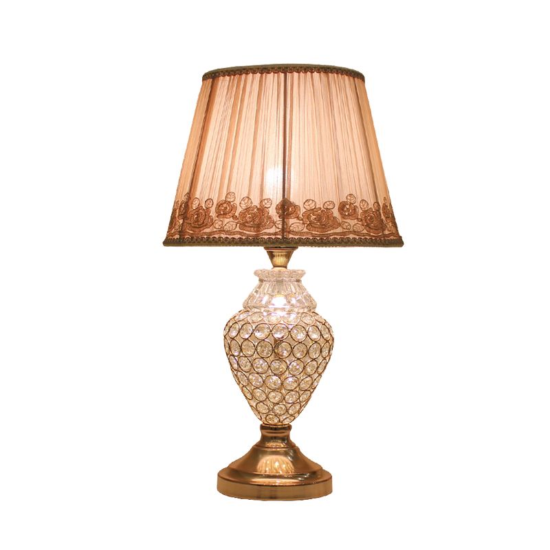 1 Head Rose-Trim Conical Table Light Rural Gold Pleated Fabric Night Lamp with Pot Crystal Base