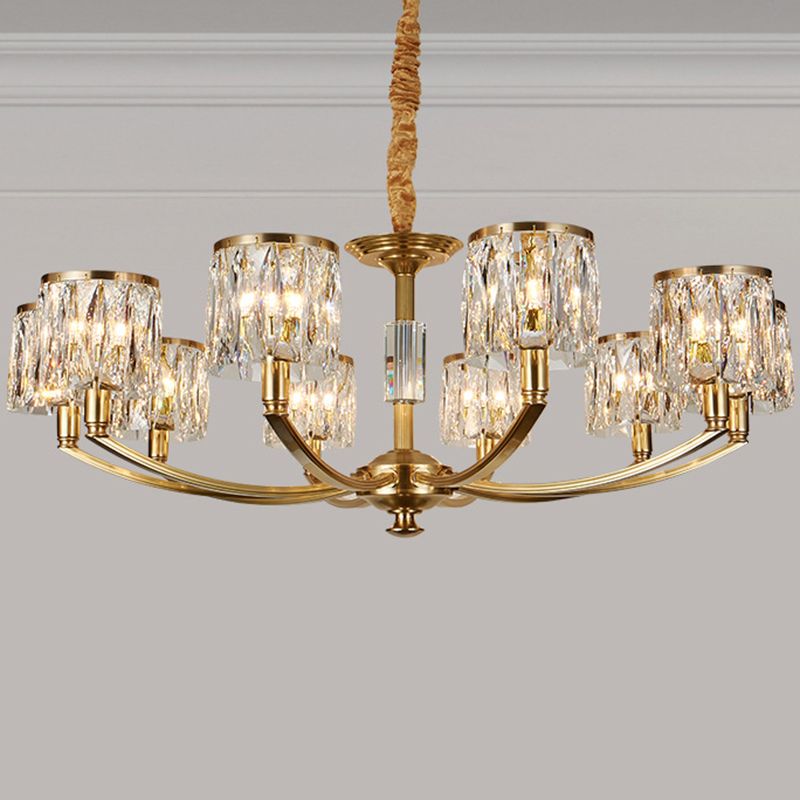 Brass Arced Arm Hanging Lamp Modern Metal Chandelier with Prismatic Crystal Shade