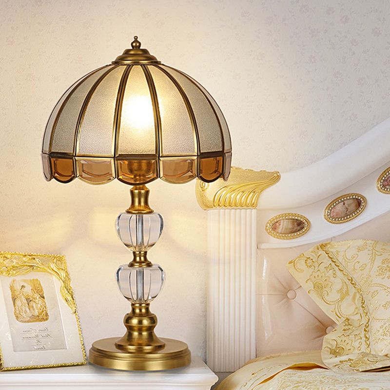 1 Bulb Night Table Lamp Vintage Scalloped Shade Beige/Frosted Glass Nightstand Light in Gold with Clear Crystal Accent