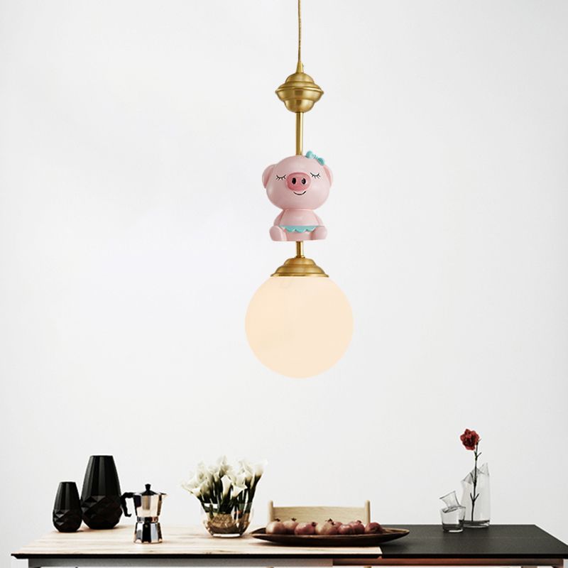 Resin Pig/Chicken/Snake Pendant Cartoon 1 Light Gold Hanging Light Fixture with Spherical Opal Glass Shade