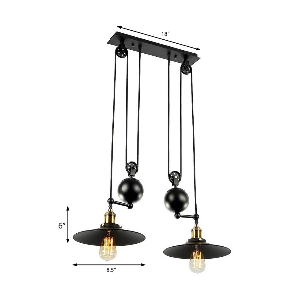 Flared Shade Metal Pendant Lighting Industrial 2 Lights Warehouse Ceiling Light Fixture with Pulley in Black