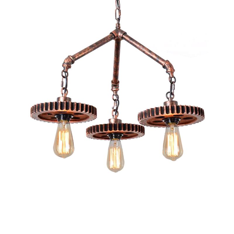 Open Metal Light Chandelier Industrial 3-Light Dining Room Pendant Lighting in Weathered Copper Gear