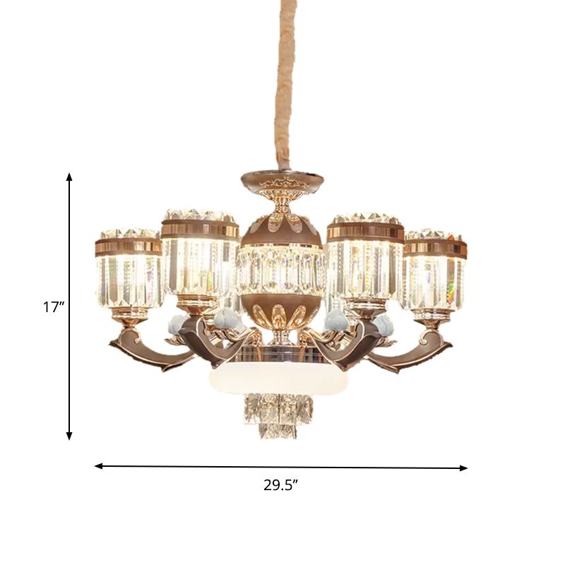 6/8 Lights Chandelier Pendant Light Modern Living Room Ceiling Hang Fixture with Cylinder Crystal Block Shade in Gold