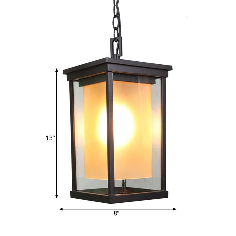 Black 1 Bulb Ceiling Pendant Classic Clear Glass Rectangle Hanging Lamp Kit with Inner Cylinder Amber Glass Shade