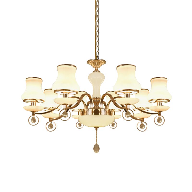 Champagne 8 Heads Chandelier Modernist White Glass Flared Crystal Ceiling Suspension Lamp