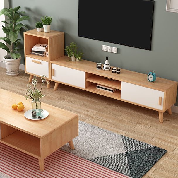 Solid Wood TV Stand in Wood and White , Corner TV Console Sliding Storage