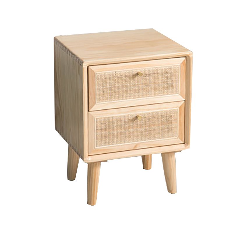 Wicker & Rattan Modern Night Table Solid Wood 2-Drawer Storage Nightstand