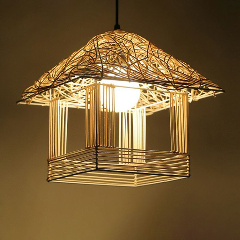 Rattan cage pendulum luce paese 1 lampadina beige appeso a soffitto per il ristorante