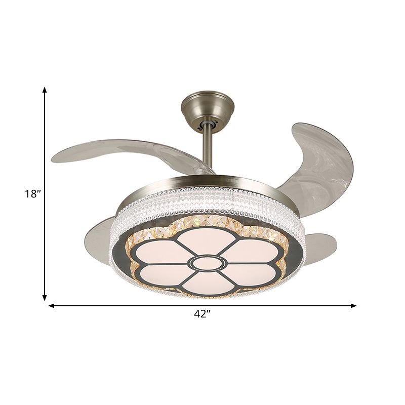 Stainless-Steel LED Semi Flush Light Contemporary Crystal Blocks Circular 4 Blades Ceiling Fan Lamp, 19" Width