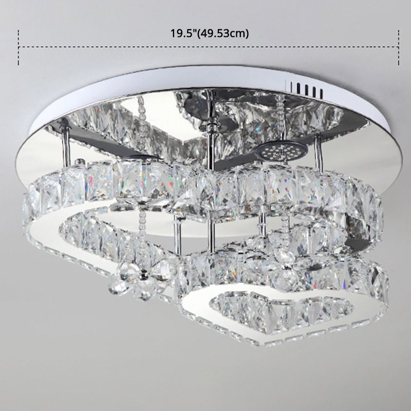 2-tiers  Loving Heart Ceiling Flush Light Stainless Steel Mirror Clear Crystal Bedroom LED Lamp with Glass Maple Leaf Charm