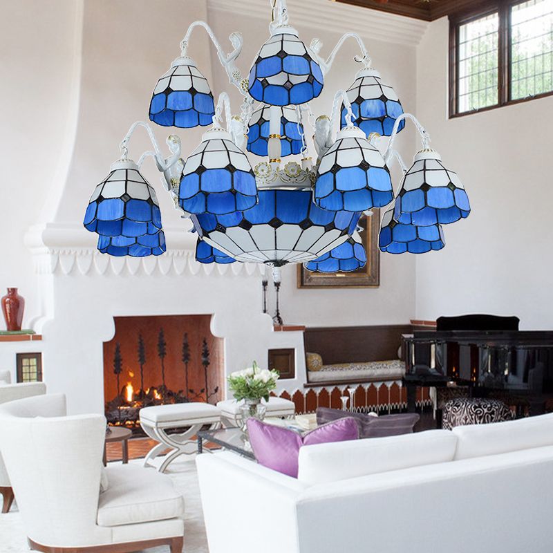 Blue Grid Patterned Pendant Light Tiffany 15 Lights Stained Glass Chandelier Lamp with Mermaid Decoration