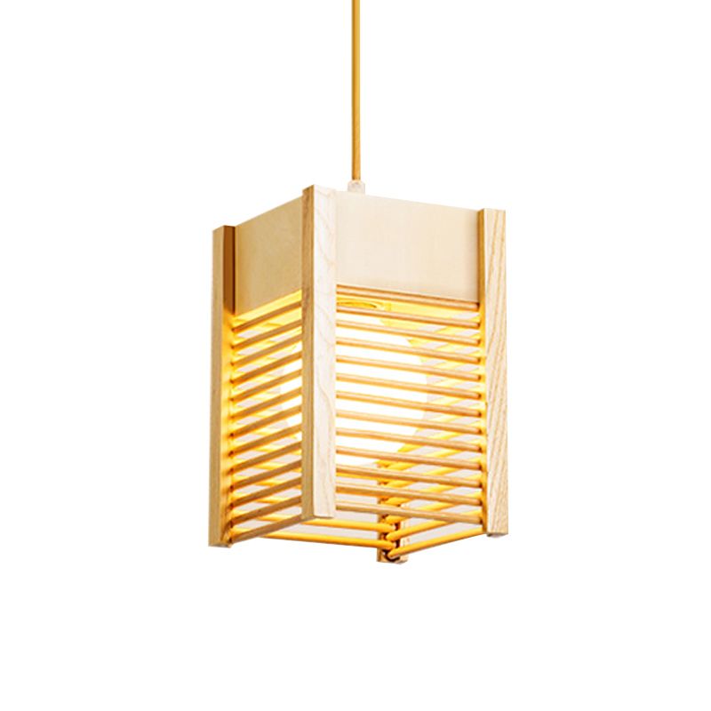 Cage Sushi House Suspension Light Wood 1 Light Japanese Style Drop Pendant in Beige