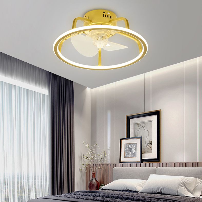 Gold Finish Circular Ceiling Fan Lamp Contemporary LED Metal Semi Mount Lighting for Bedroom