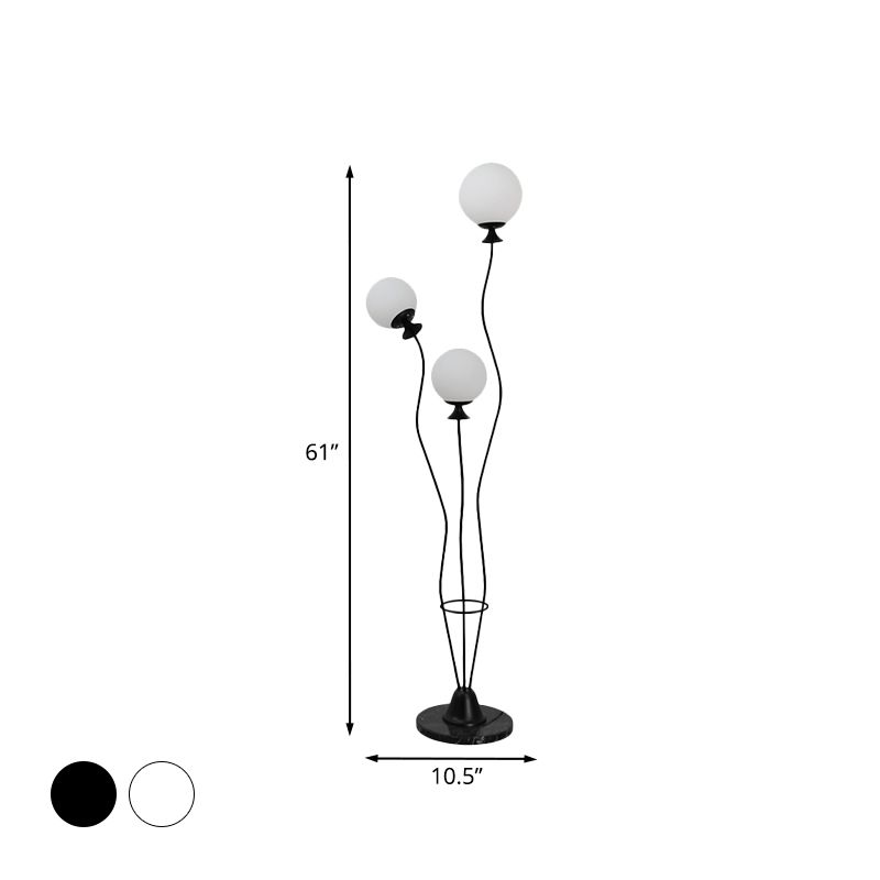 Ball Standing Light with Curved Arm Modernist Glass 3 Heads Living Room Floor Reading Lamp in Black/White