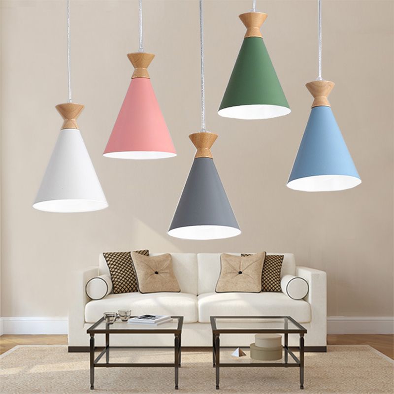 Conical Living Room Drop Pendant Metal 1 Bulb Macaron Style Hanging Ceiling Light