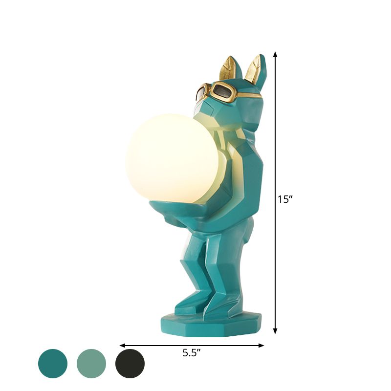 Cartoon Dog/Rabbit/Unicorn Night Light Resin LED Bedroom Table Lamp in Pink/Black/Grey with Globe Opal Glass Shade