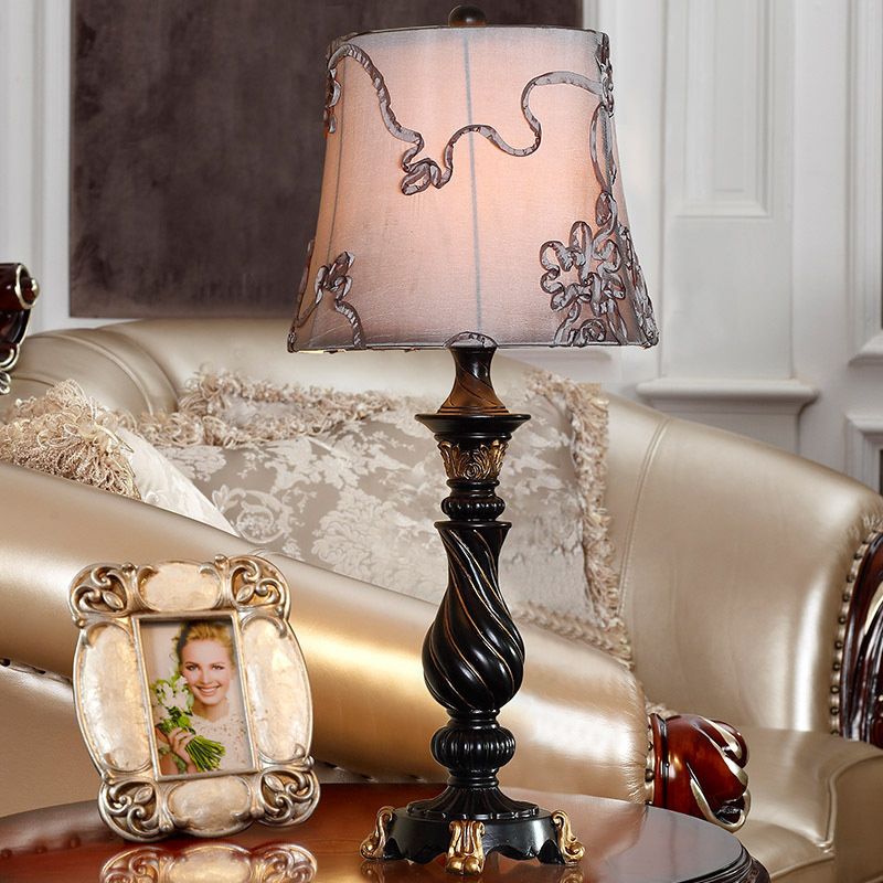 Classic Drum Night Lighting 1 Head Fabric Swirl Patterned Nightstand Lamp in Black with Blaster Base