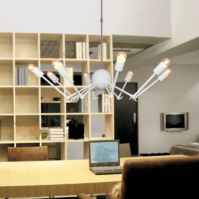 White Extendable Spider Chandelier Modernist 8-Bulb Iron Pendant Light with Open Bulb Design